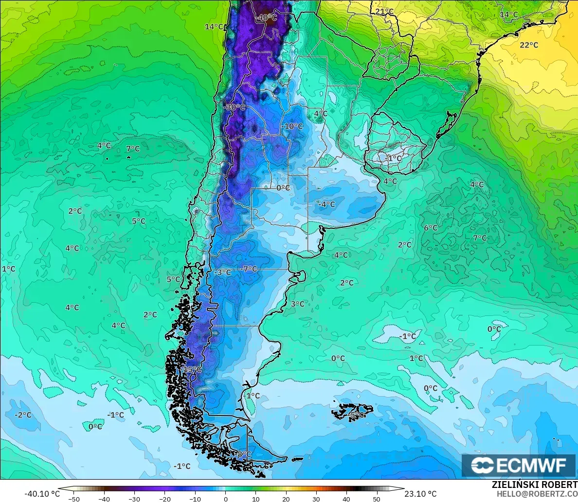 ECMWF IFS 0.25° загвар - Аргентин, Цэгийн Чийг 2 м