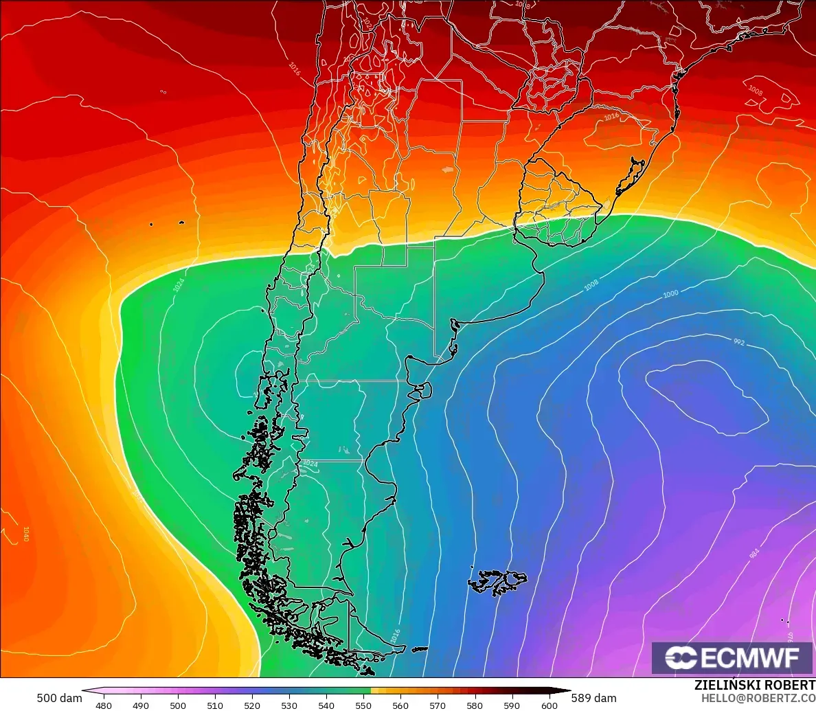 ECMWF IFS 0.25° загвар - Аргентин, 500 гПа дахь геопотенциал өндөр