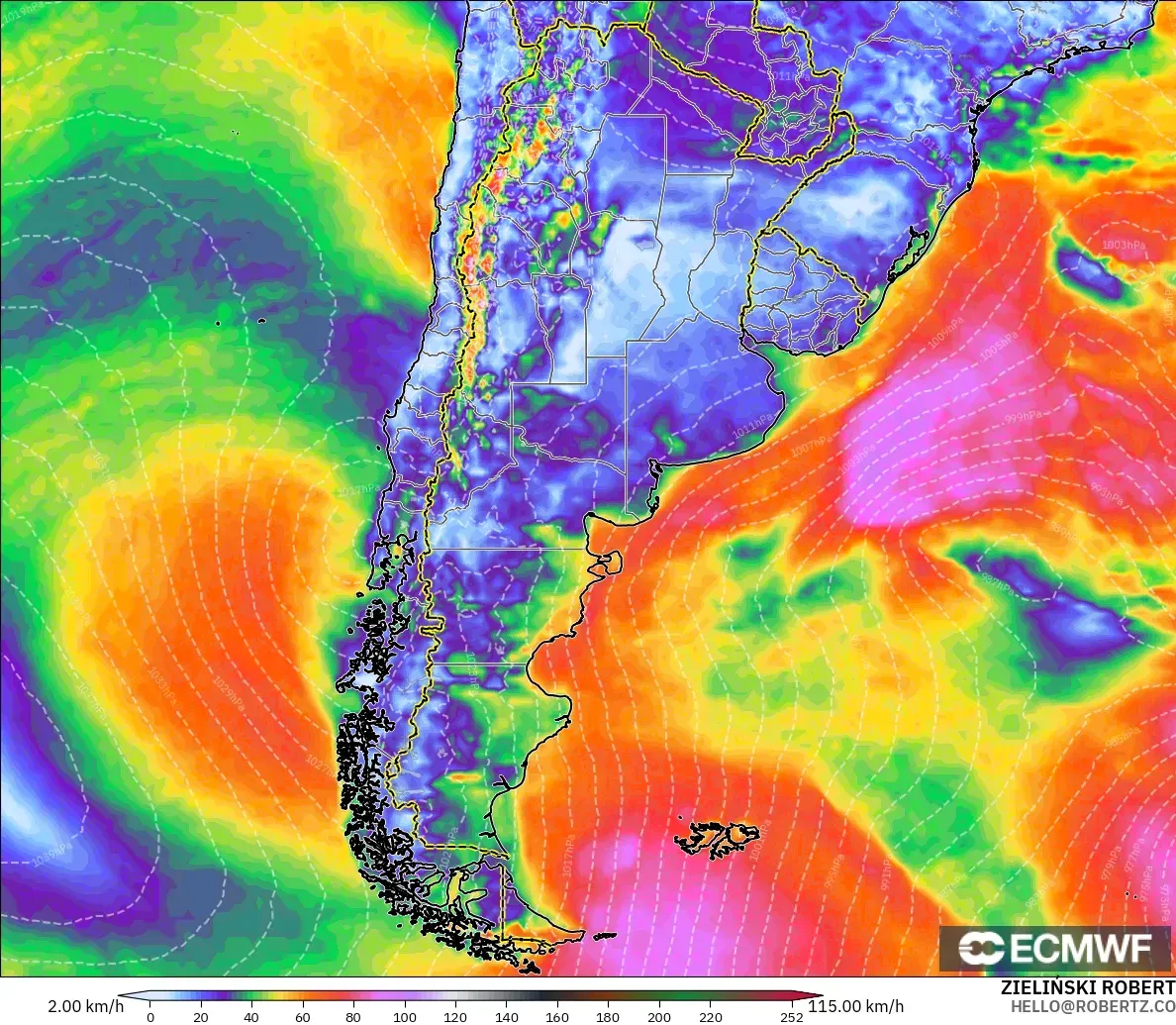 ECMWF IFS 0.25° загвар - Аргентин, Хамгийн Их Салхи