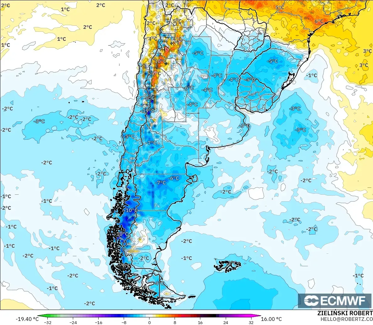 ECMWF IFS 0.25° загвар - Аргентин, 2 м Температурын Хазайлт
