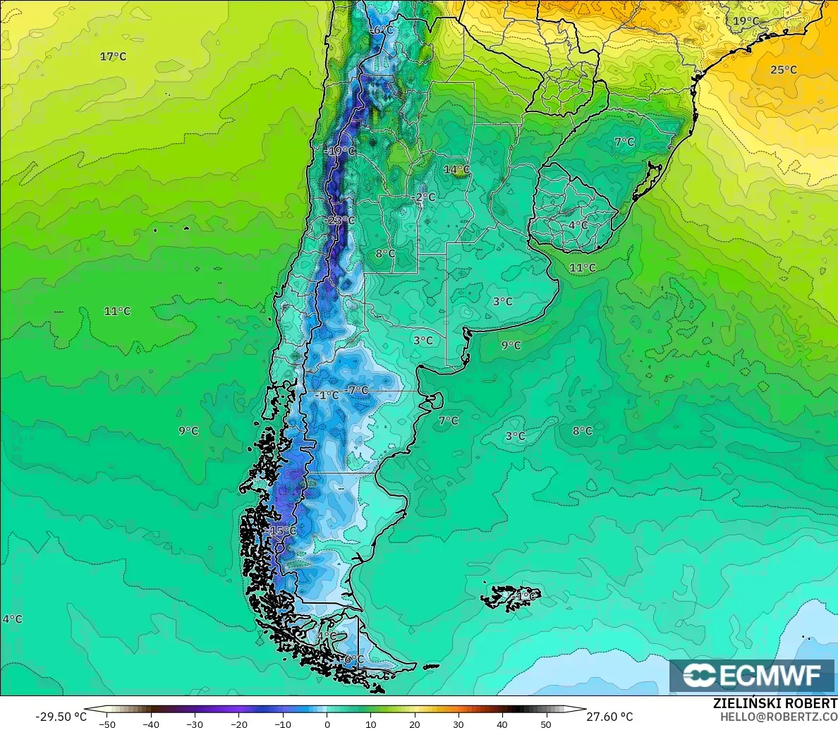 ECMWF IFS 0.25° загвар - Аргентин, Температур 2 м
