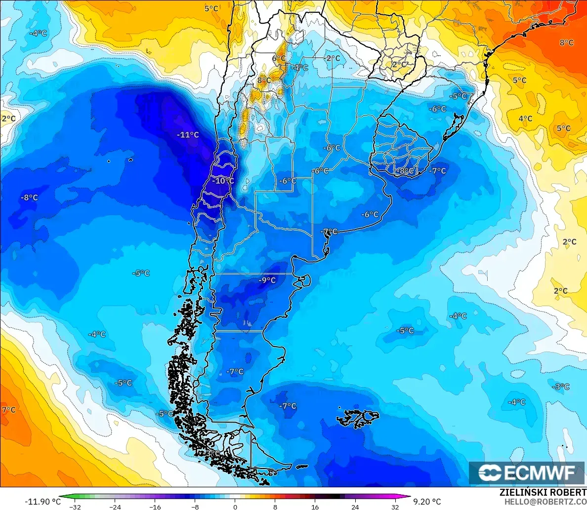 ECMWF IFS 0.25° загвар - Аргентин, 850 hPa Температурын Хазайлт