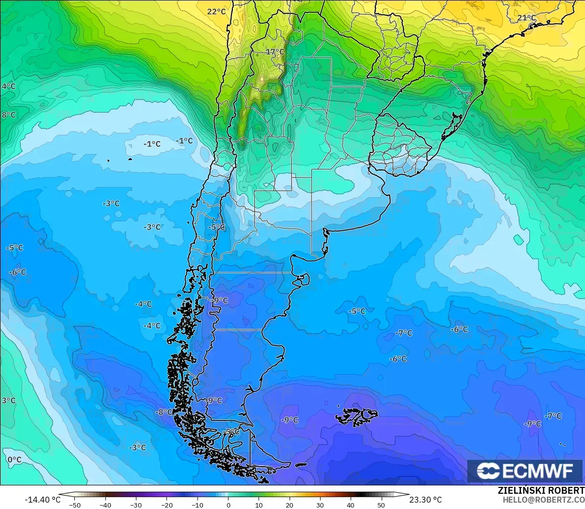 ECMWF IFS 0.25° загвар - Аргентин, Температур 850 hPa