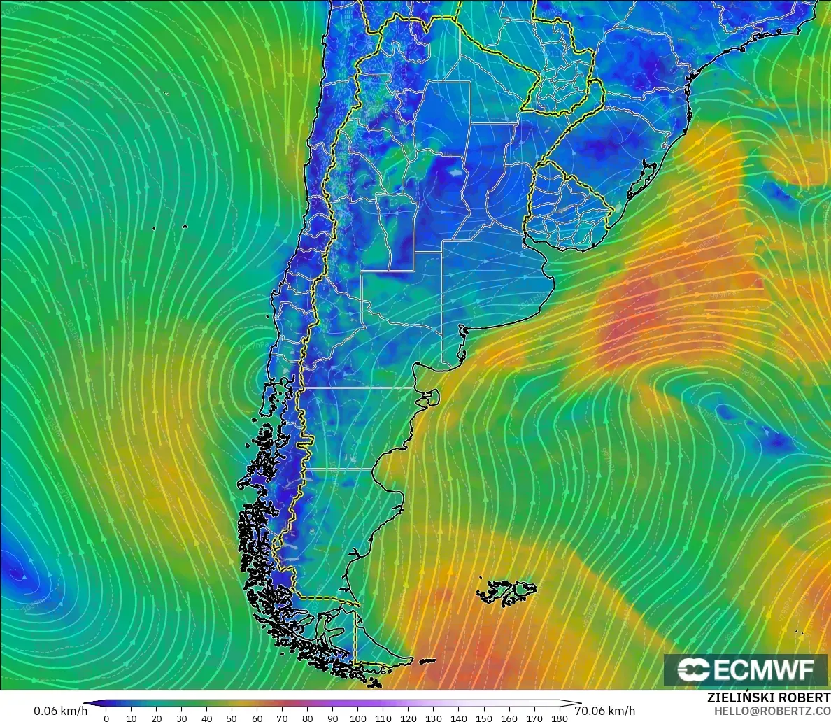 ECMWF IFS 0.25° загвар - Аргентин, Салхи 10 м