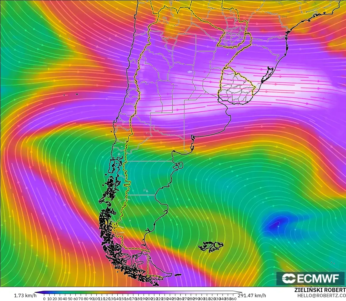 ECMWF IFS 0.25° загвар - Аргентин, Салхи 300 hPa (түншил)