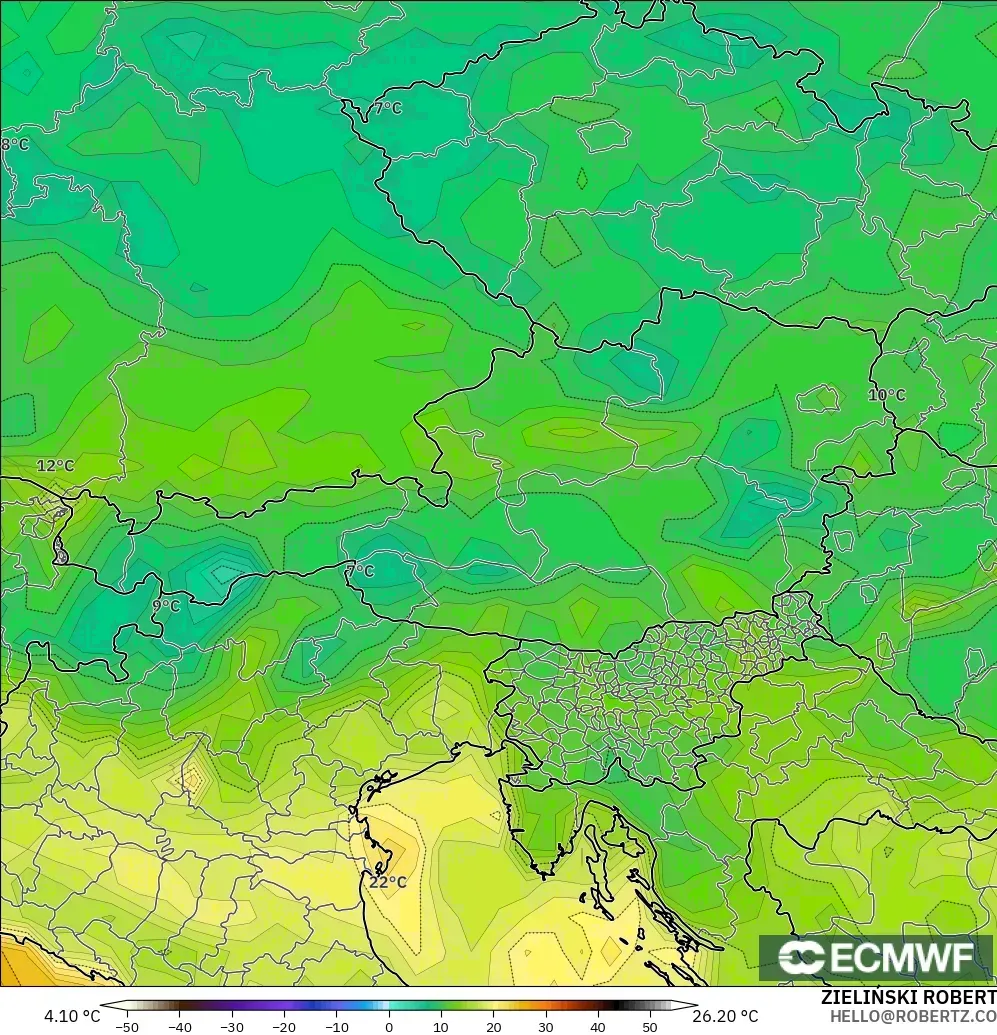 ECMWF IFS 0.25° загвар - Австри, Цэгийн Чийг 2 м