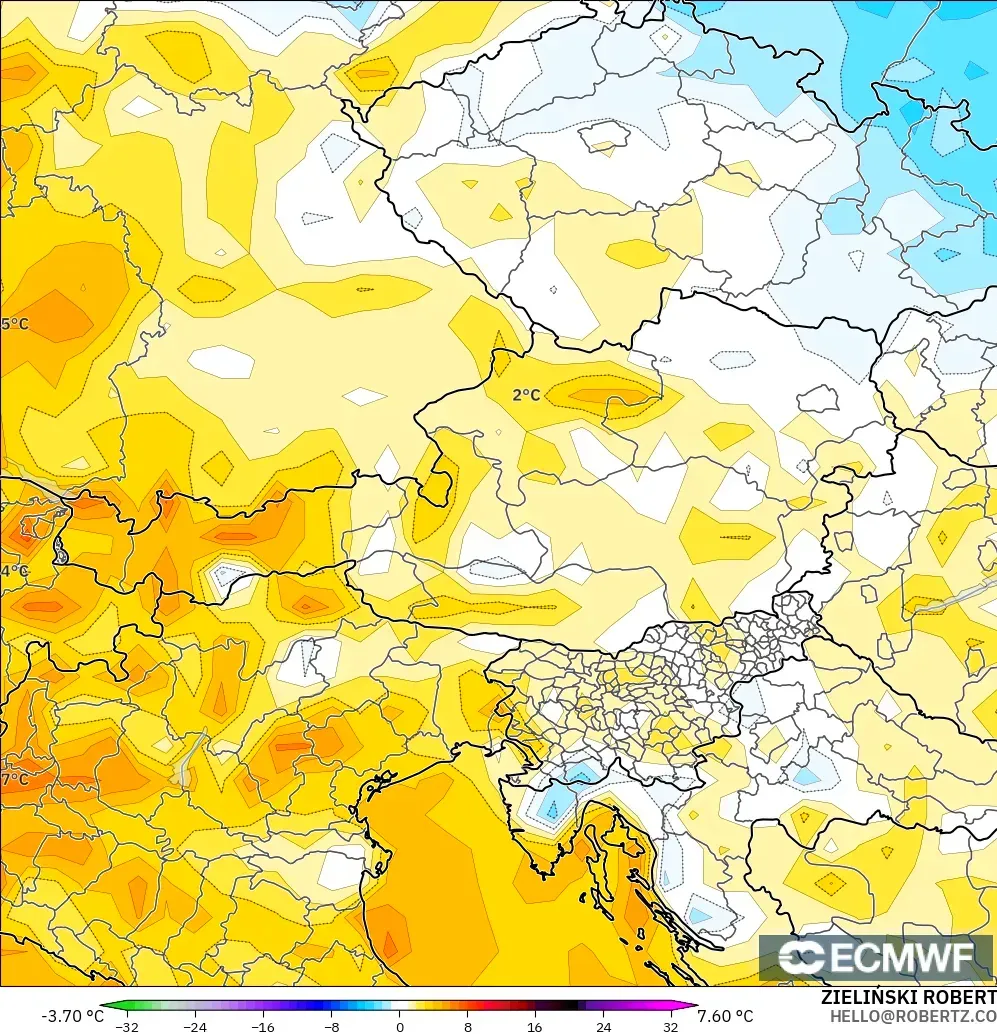 ECMWF IFS 0.25° загвар - Австри, 2 м Температурын Хазайлт