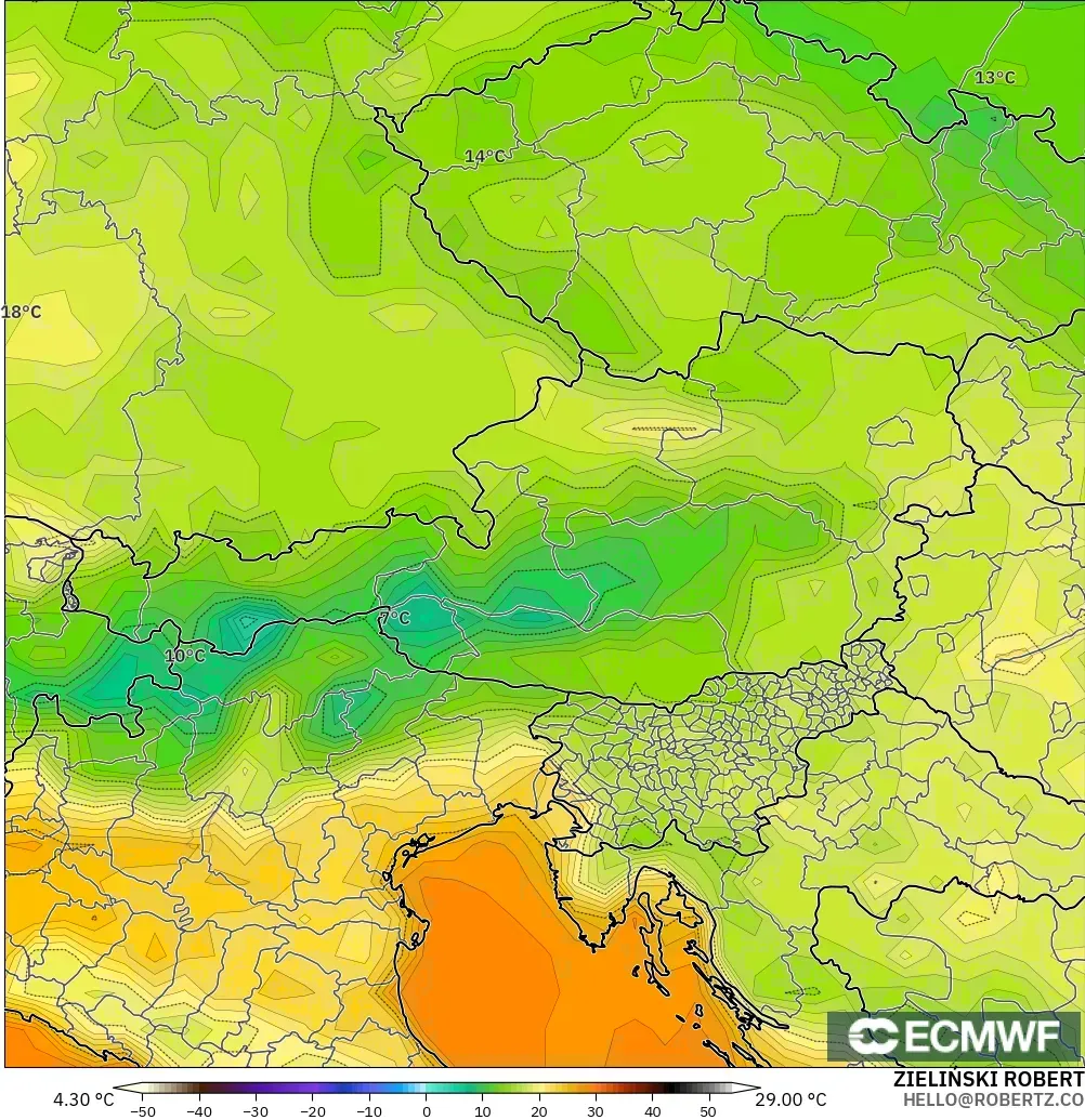 ECMWF IFS 0.25° загвар - Австри, Температур 2 м