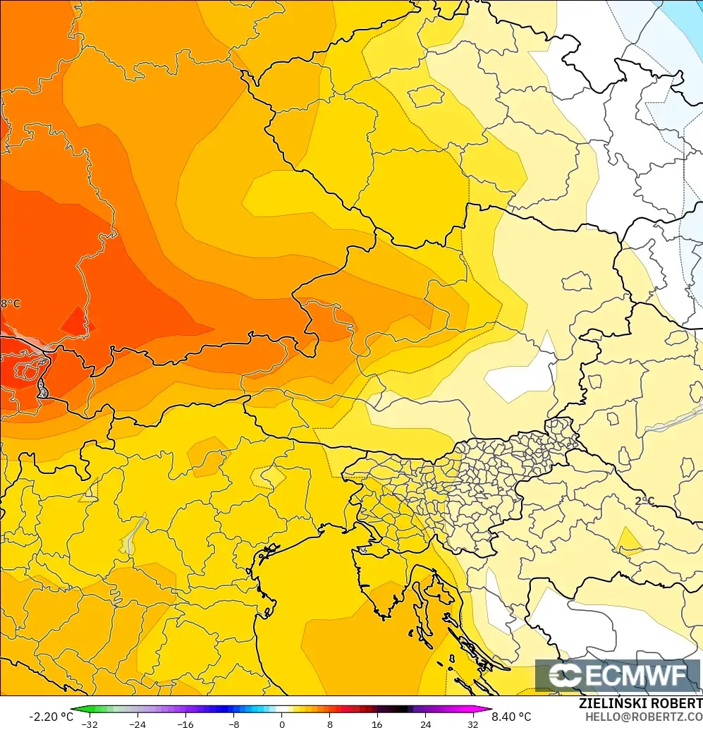 ECMWF IFS 0.25° загвар - Австри, 850 hPa Температурын Хазайлт