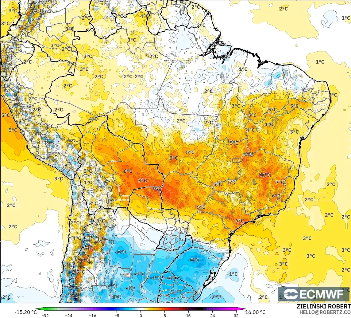 ECMWF IFS 0.25° загвар - Бразил, 2 м Температурын Хазайлт