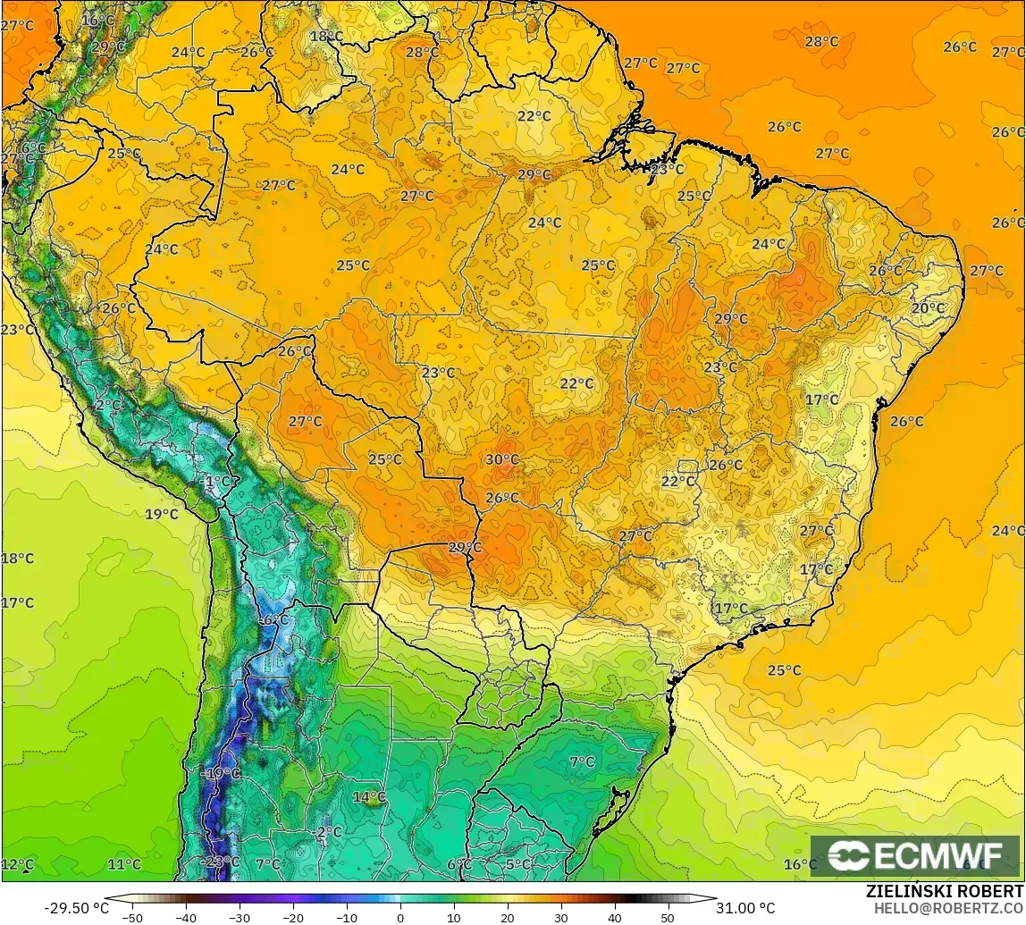 ECMWF IFS 0.25° загвар - Бразил, Температур 2 м