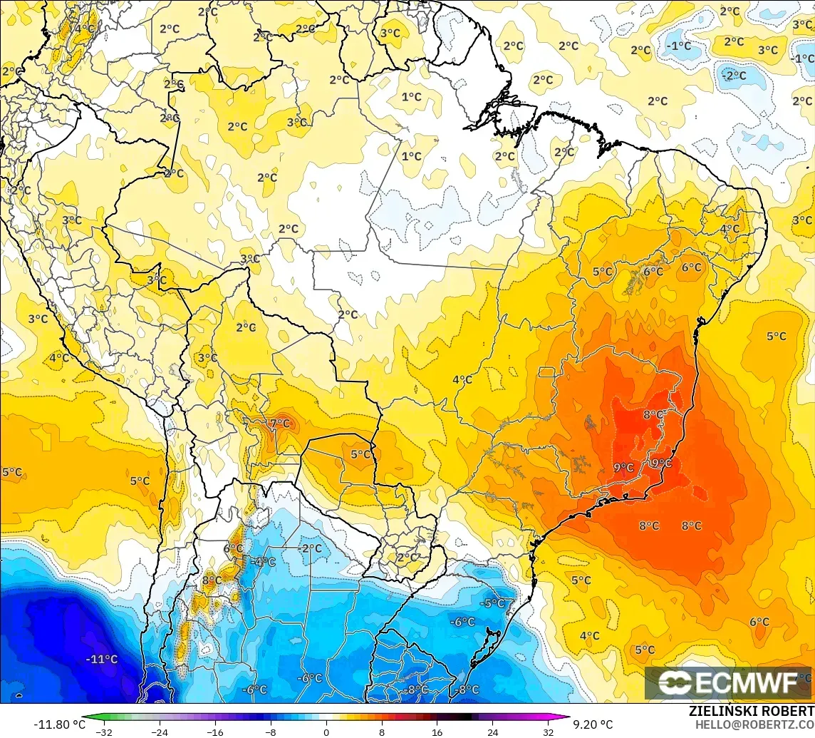 ECMWF IFS 0.25° загвар - Бразил, 850 hPa Температурын Хазайлт