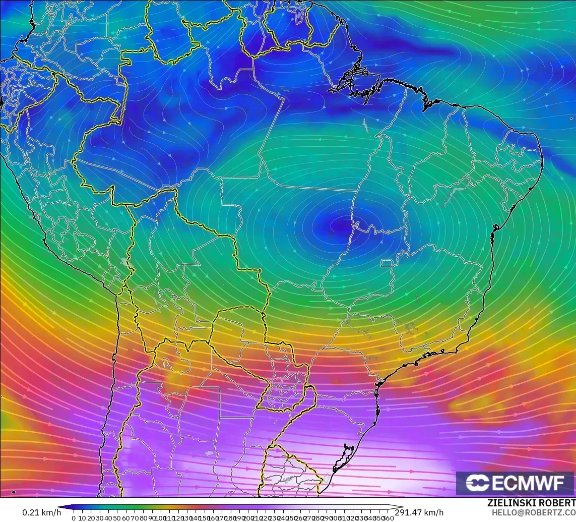 ECMWF IFS 0.25° загвар - Бразил, Салхи 300 hPa (түншил)