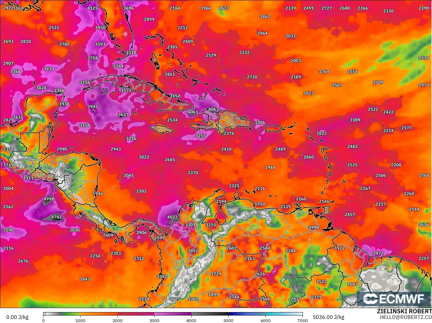 ECMWF IFS 0.25° загвар - Карибын тэнгис, CAPE