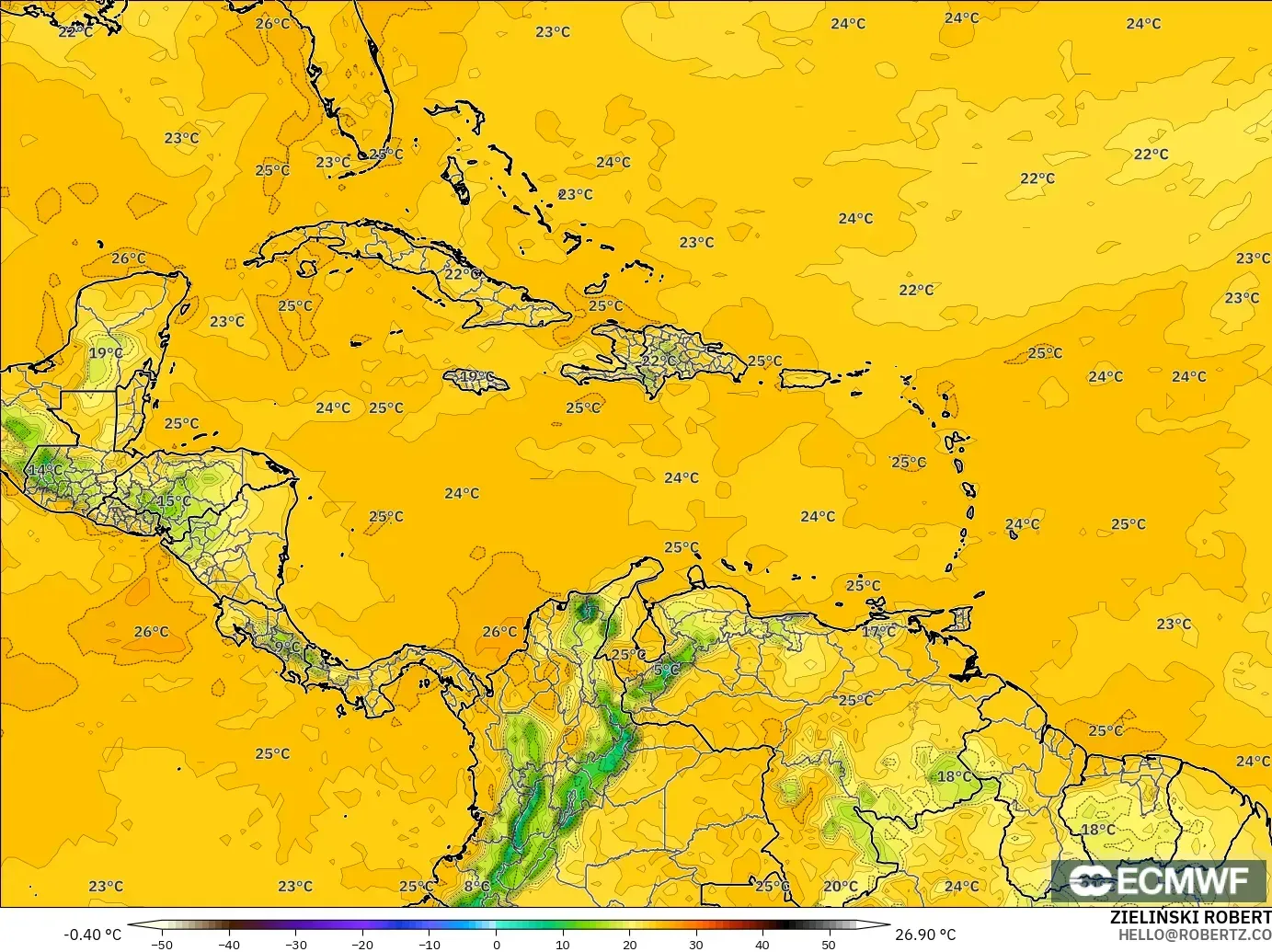 ECMWF IFS 0.25° загвар - Карибын тэнгис, Цэгийн Чийг 2 м