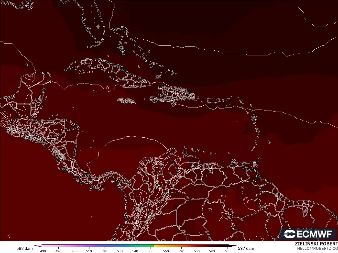 ECMWF IFS 0.25° загвар - Карибын тэнгис, 500 гПа дахь геопотенциал өндөр