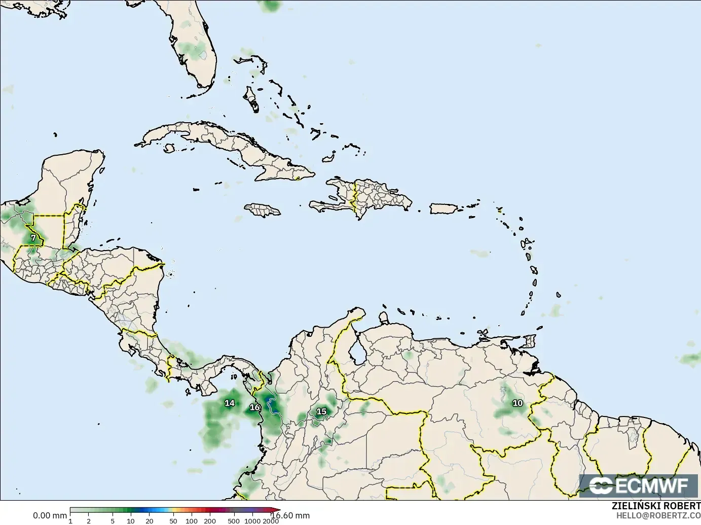 ECMWF IFS 0.25° загвар - Карибын тэнгис, Хур Тунадас Хуримтлал