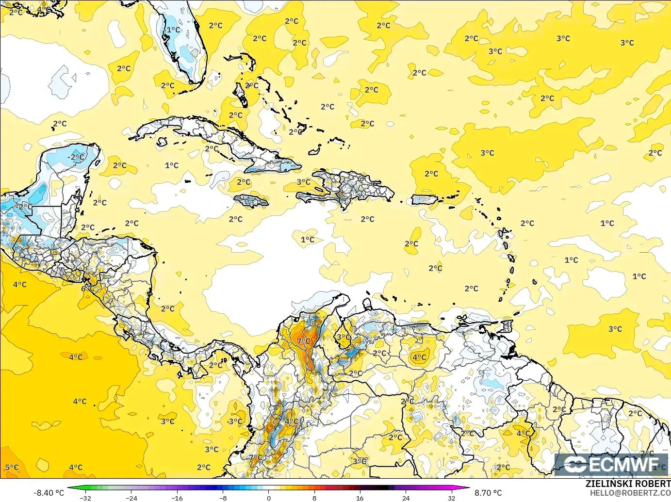 ECMWF IFS 0.25° загвар - Карибын тэнгис, 2 м Температурын Хазайлт