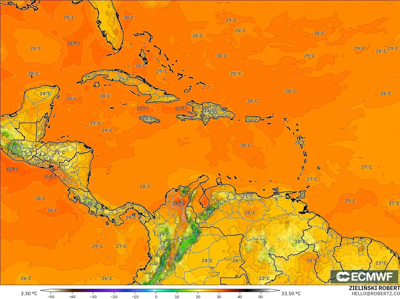 ECMWF IFS 0.25° загвар - Карибын тэнгис, Температур 2 м