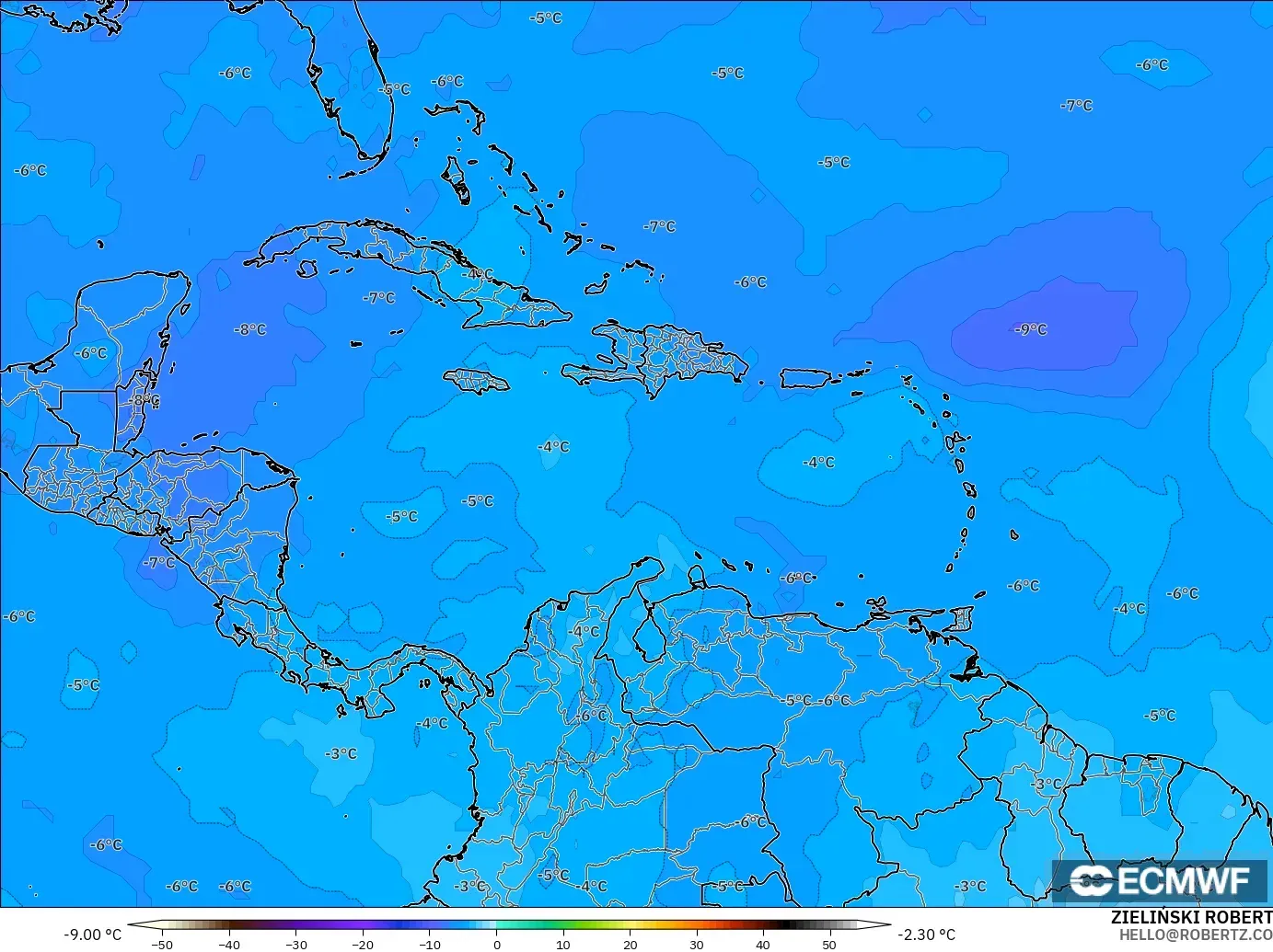 ECMWF IFS 0.25° загвар - Карибын тэнгис, Температур 500 hPa