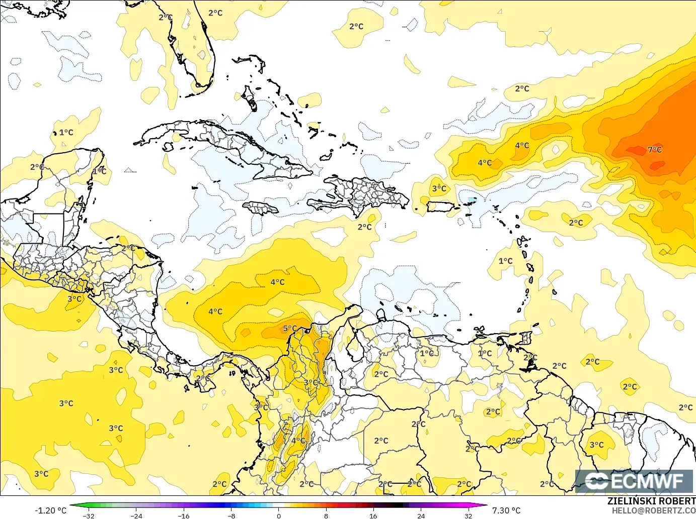 ECMWF IFS 0.25° загвар - Карибын тэнгис, 850 hPa Температурын Хазайлт