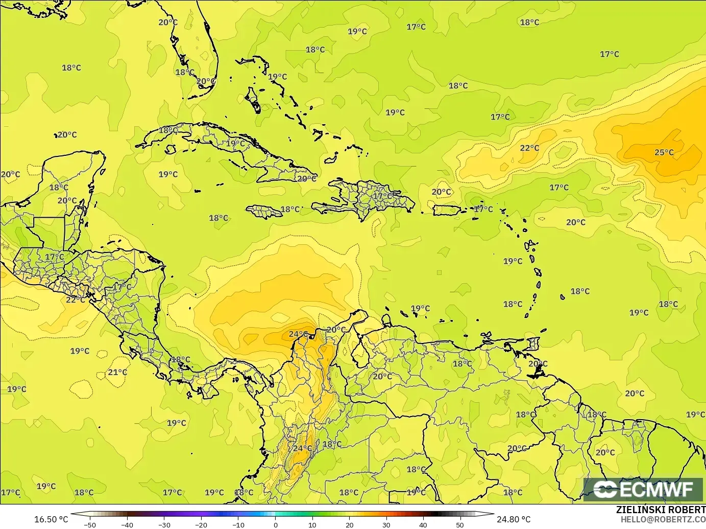 ECMWF IFS 0.25° загвар - Карибын тэнгис, Температур 850 hPa
