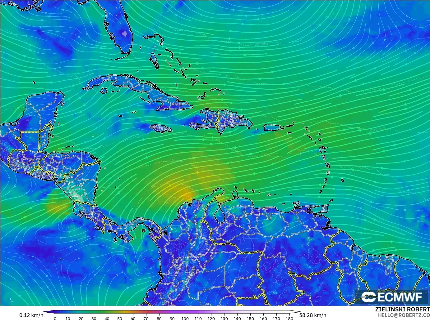 ECMWF IFS 0.25° загвар - Карибын тэнгис, Салхи 10 м