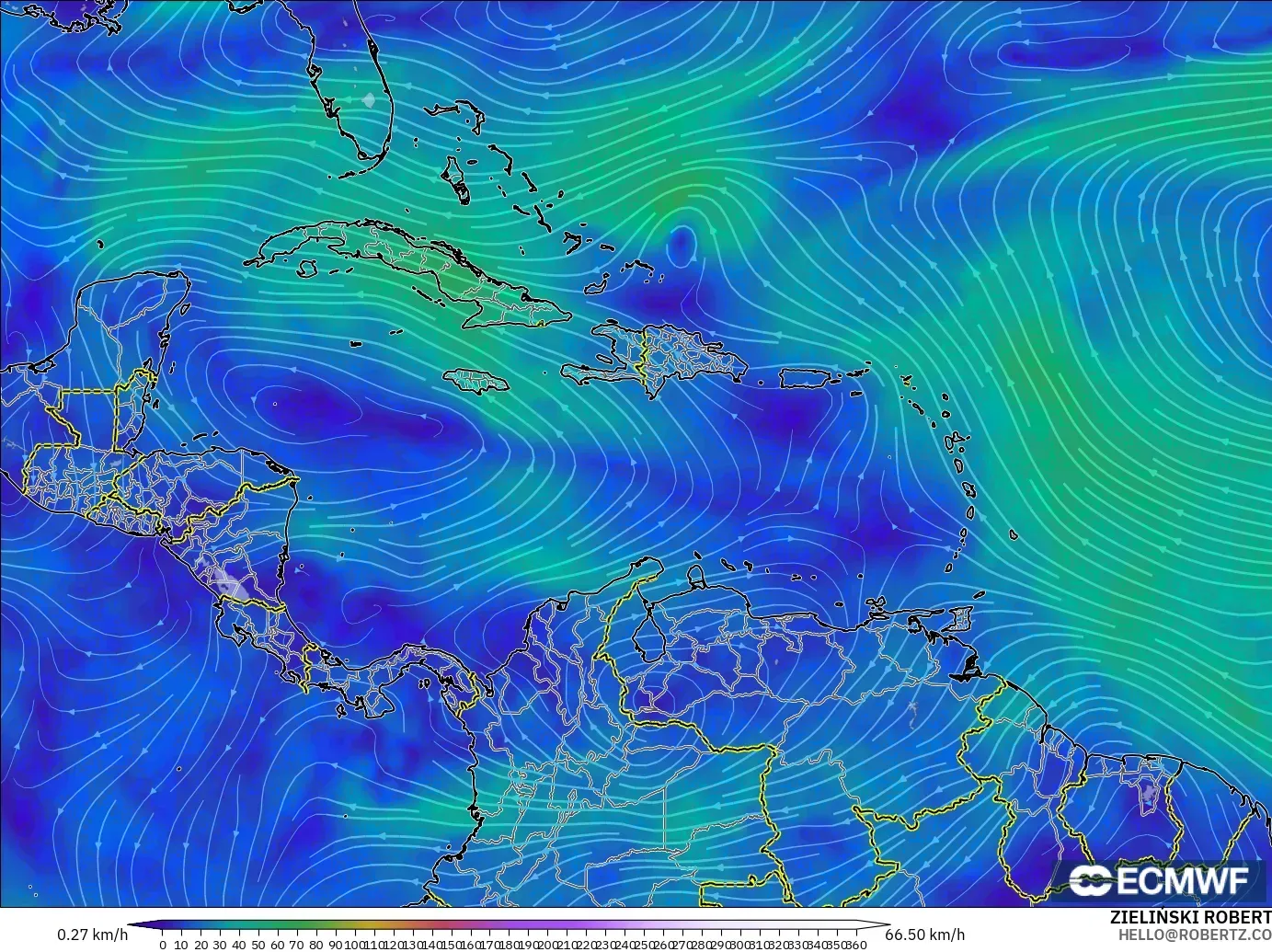 ECMWF IFS 0.25° загвар - Карибын тэнгис, Салхи 300 hPa (түншил)