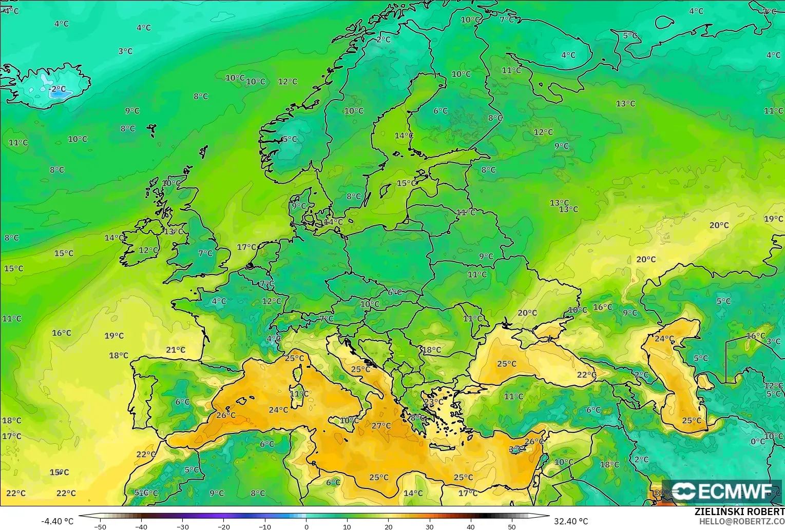 ECMWF IFS 0.25° загвар - Европ, Цэгийн Чийг 2 м