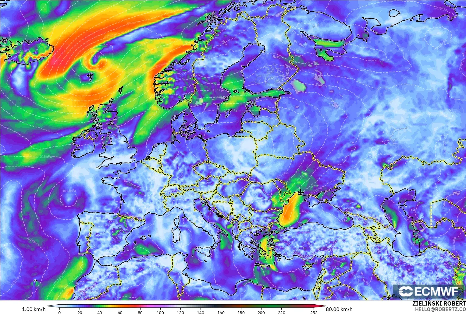 ECMWF IFS 0.25° загвар - Европ, Хамгийн Их Салхи