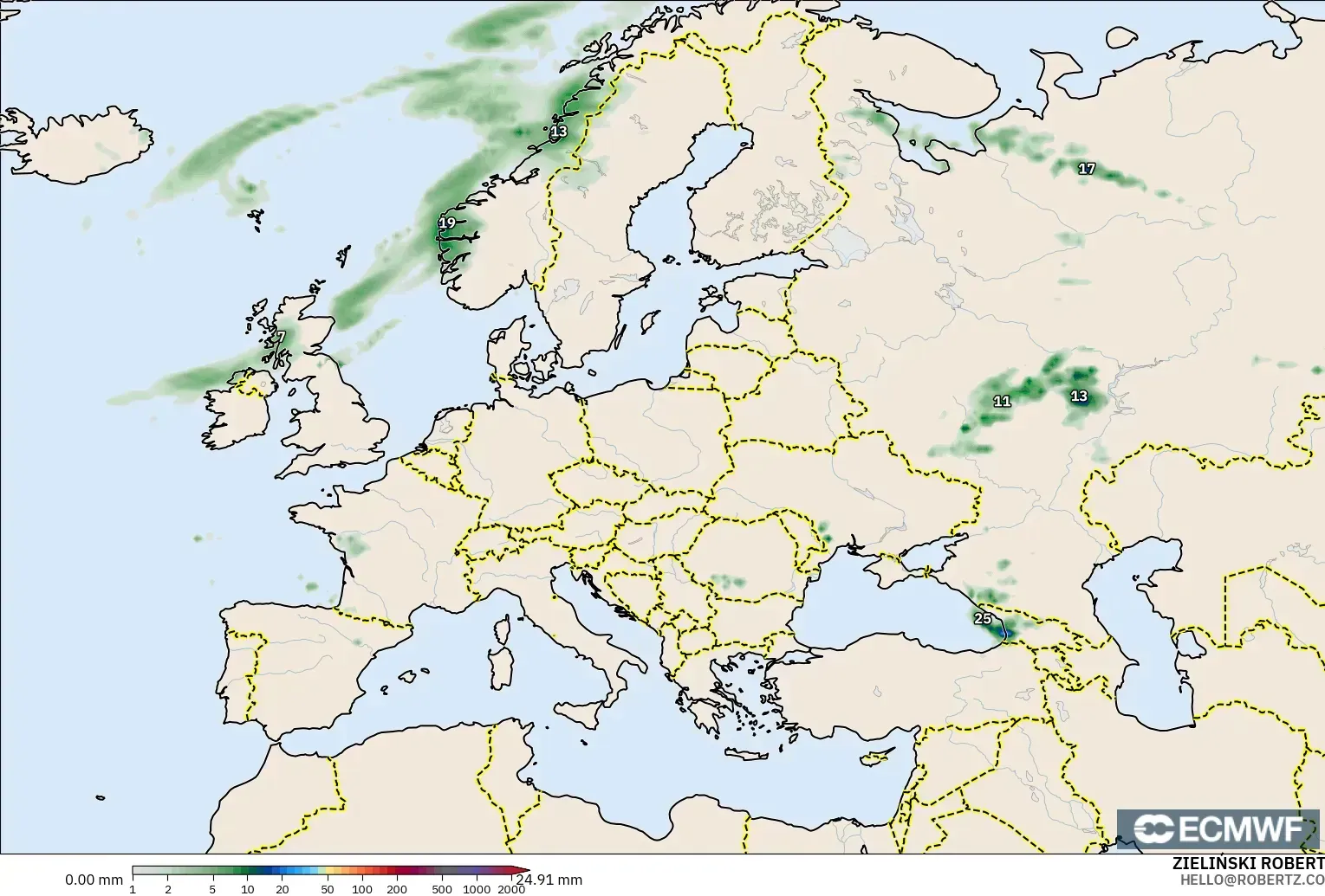 ECMWF IFS 0.25° загвар - Европ, Хур Тунадас Хуримтлал