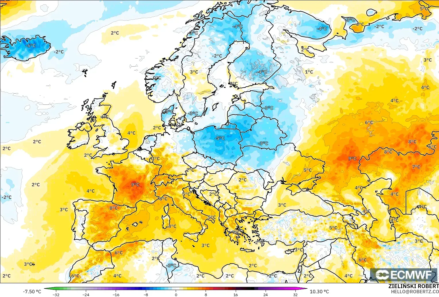 ECMWF IFS 0.25° загвар - Европ, 2 м Температурын Хазайлт