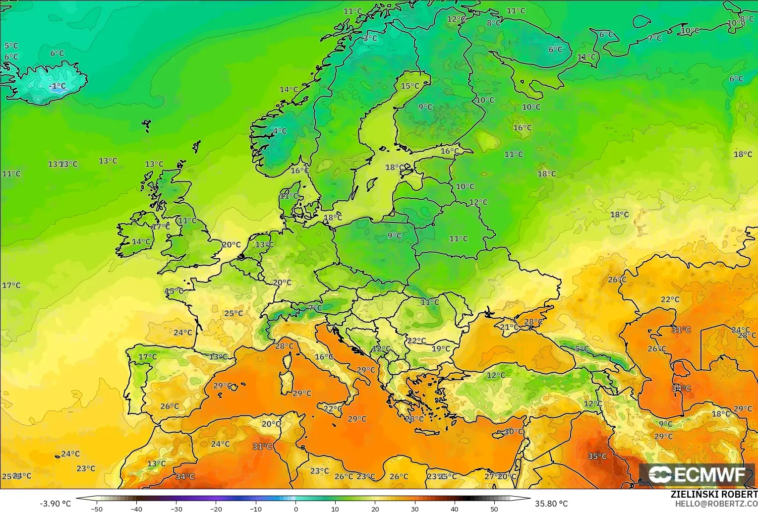 ECMWF IFS 0.25° загвар - Европ, Температур 2 м