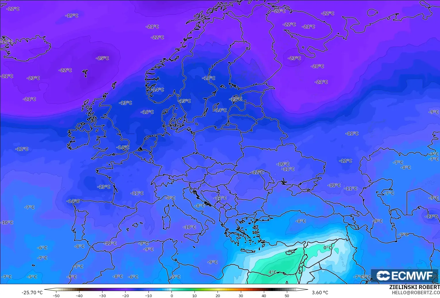 ECMWF IFS 0.25° загвар - Европ, Температур 500 hPa