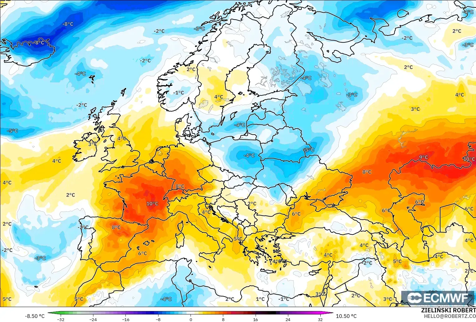 ECMWF IFS 0.25° загвар - Европ, 850 hPa Температурын Хазайлт