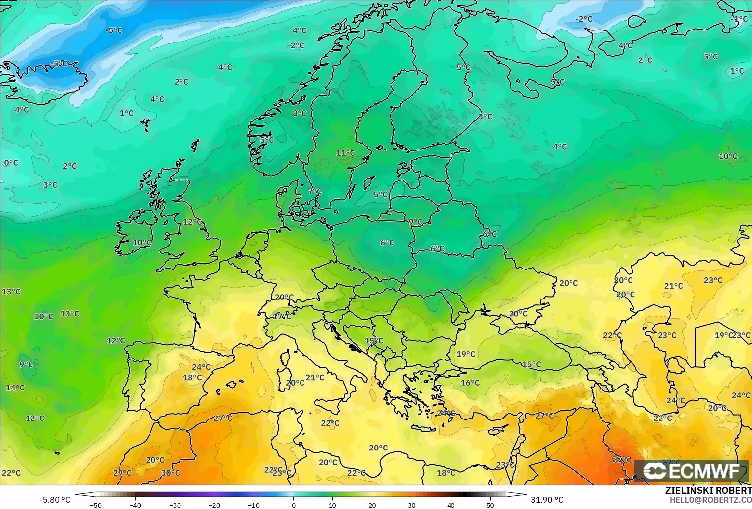 ECMWF IFS 0.25° загвар - Европ, Температур 850 hPa