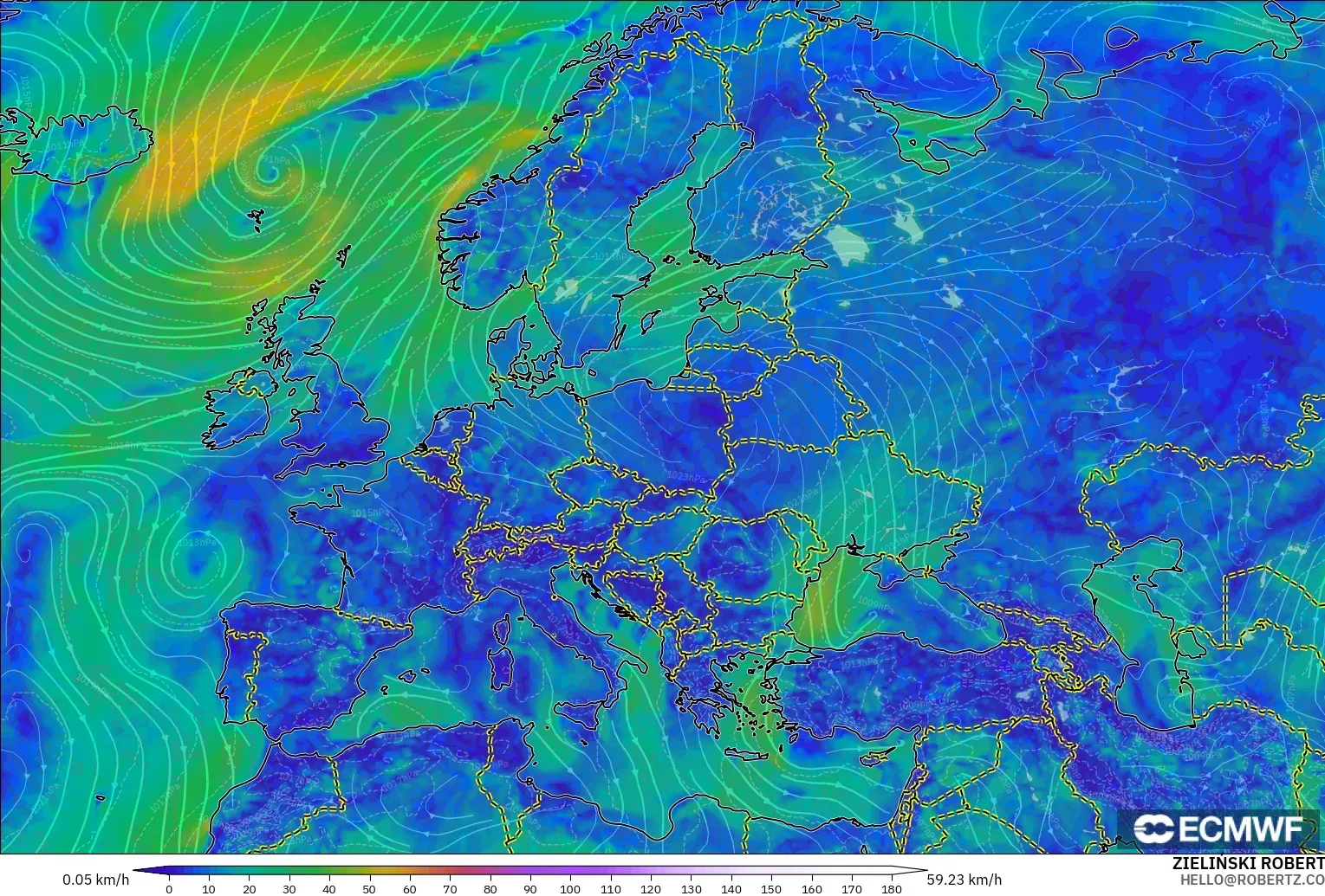 ECMWF IFS 0.25° загвар - Европ, Салхи 10 м