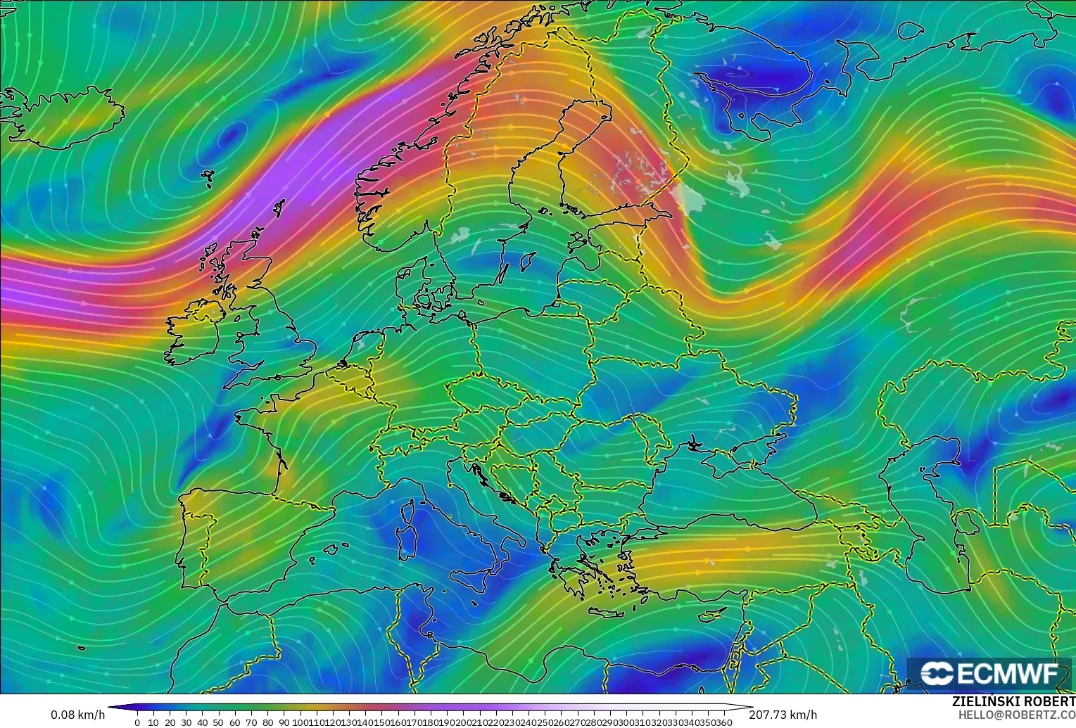 ECMWF IFS 0.25° загвар - Европ, Салхи 300 hPa (түншил)