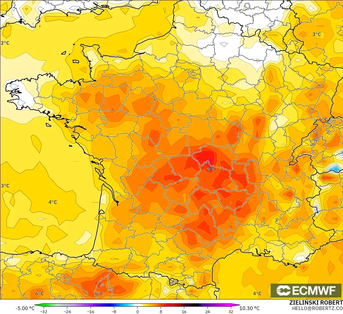 ECMWF IFS 0.25° загвар - Франц, 2 м Температурын Хазайлт