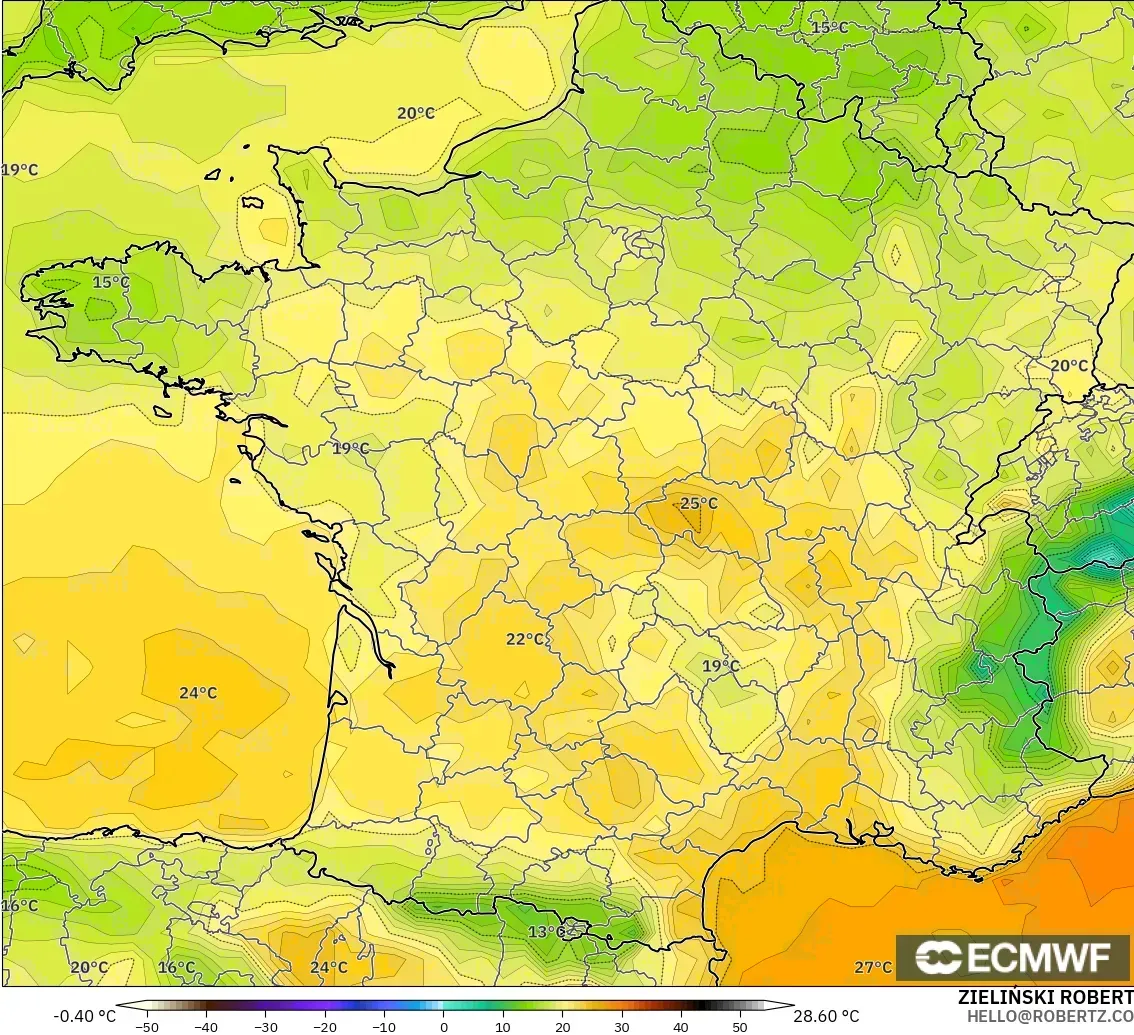 ECMWF IFS 0.25° загвар - Франц, Температур 2 м