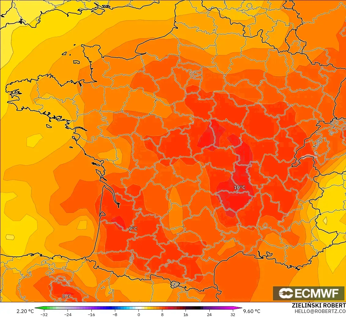 ECMWF IFS 0.25° загвар - Франц, 850 hPa Температурын Хазайлт