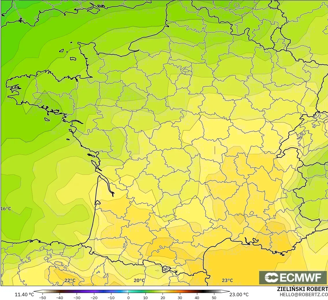 ECMWF IFS 0.25° загвар - Франц, Температур 850 hPa