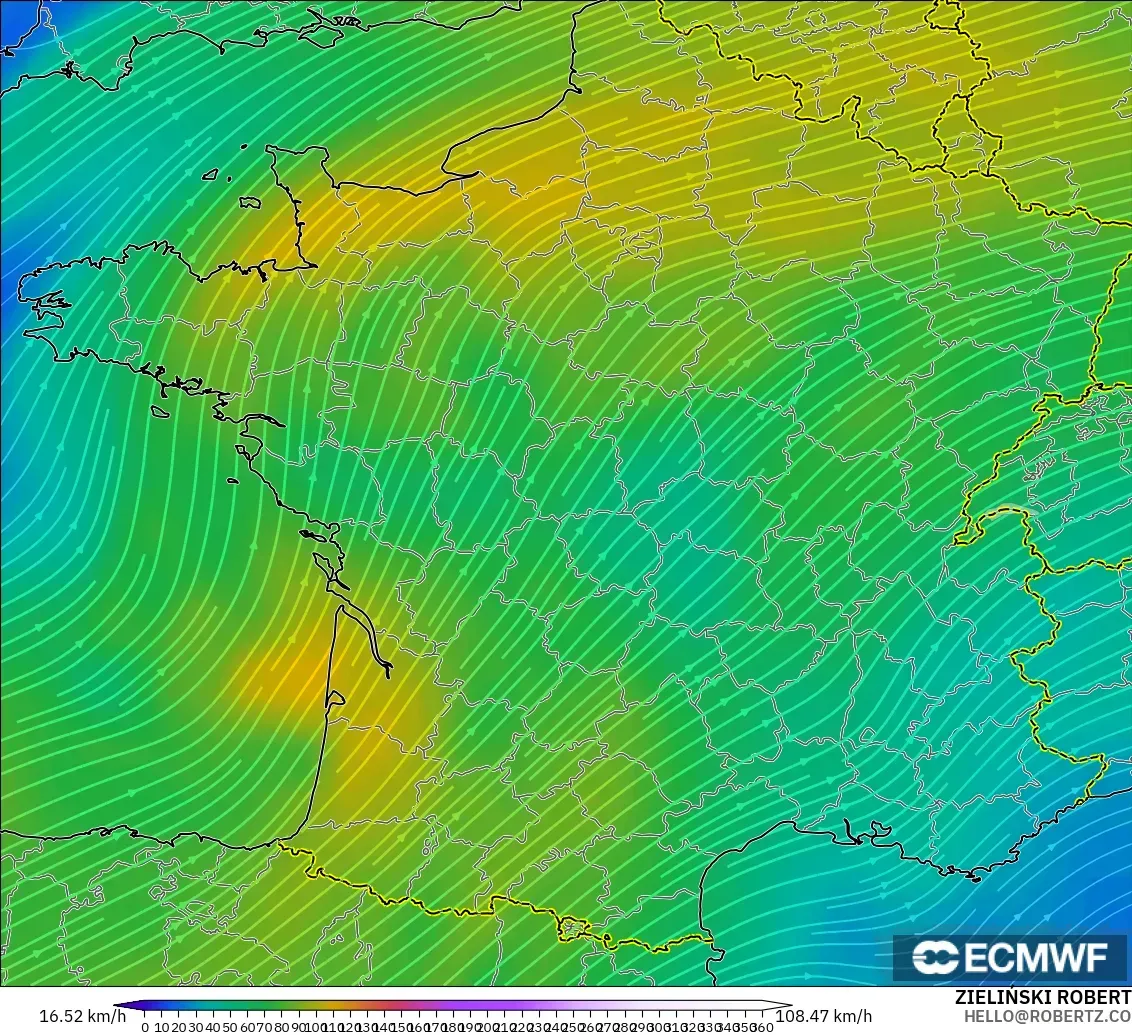 ECMWF IFS 0.25° загвар - Франц, Салхи 300 hPa (түншил)