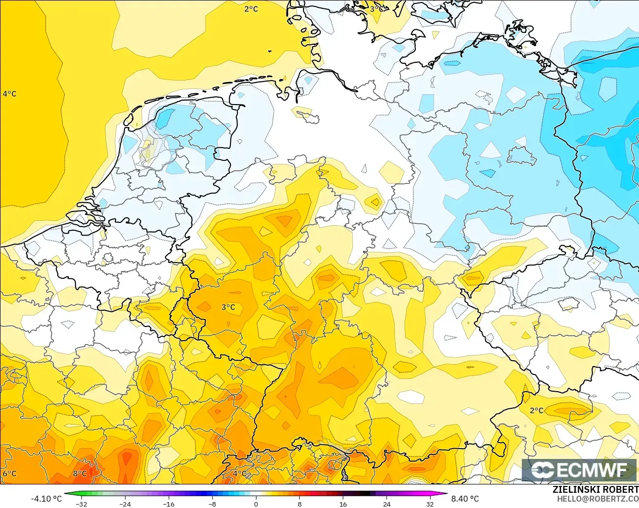 ECMWF IFS 0.25° загвар - Герман, 2 м Температурын Хазайлт