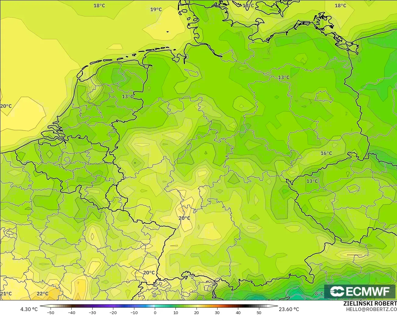 ECMWF IFS 0.25° загвар - Герман, Температур 2 м