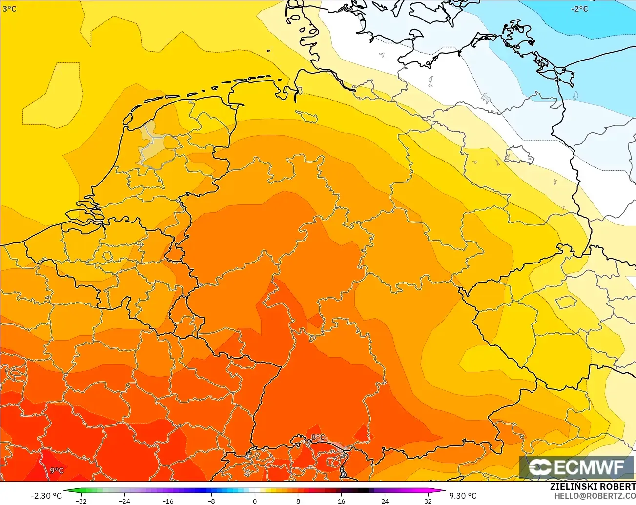 ECMWF IFS 0.25° загвар - Герман, 850 hPa Температурын Хазайлт