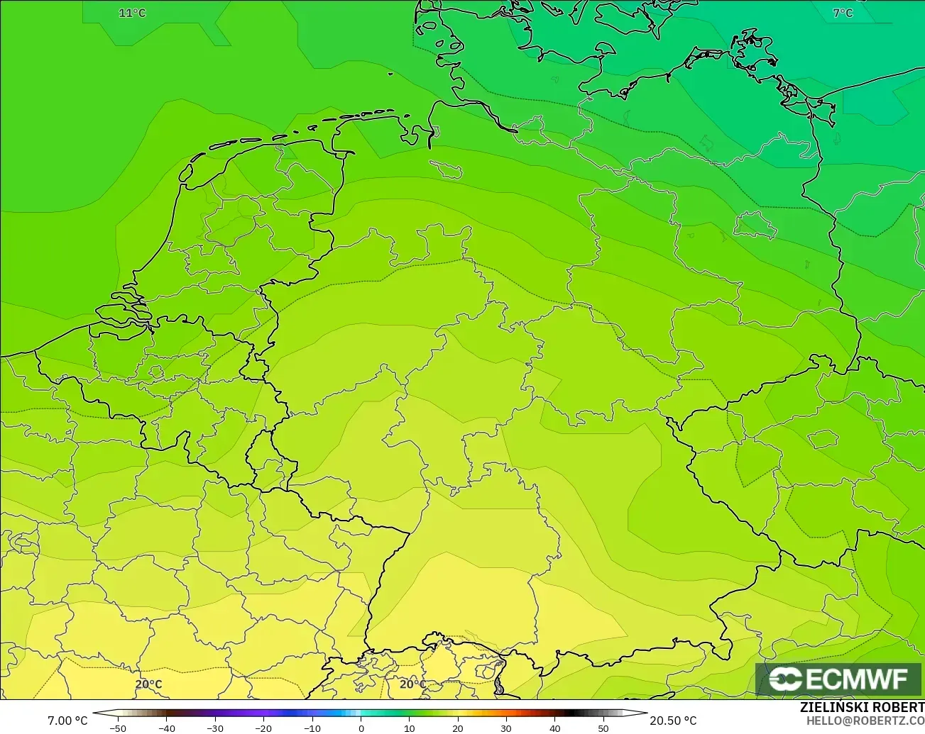 ECMWF IFS 0.25° загвар - Герман, Температур 850 hPa