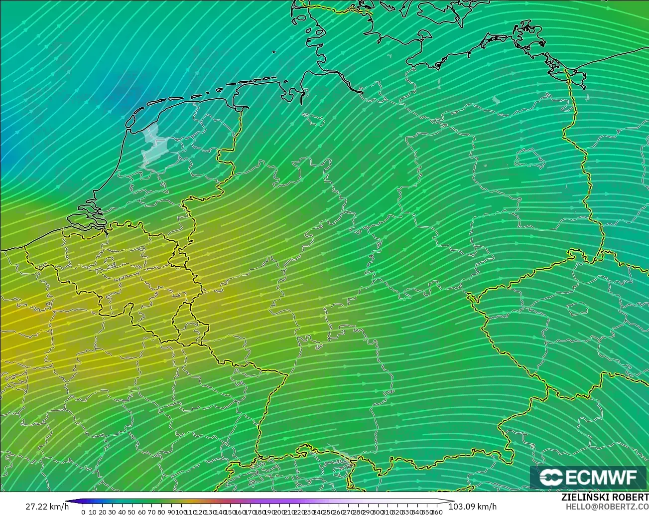 ECMWF IFS 0.25° загвар - Герман, Салхи 300 hPa (түншил)