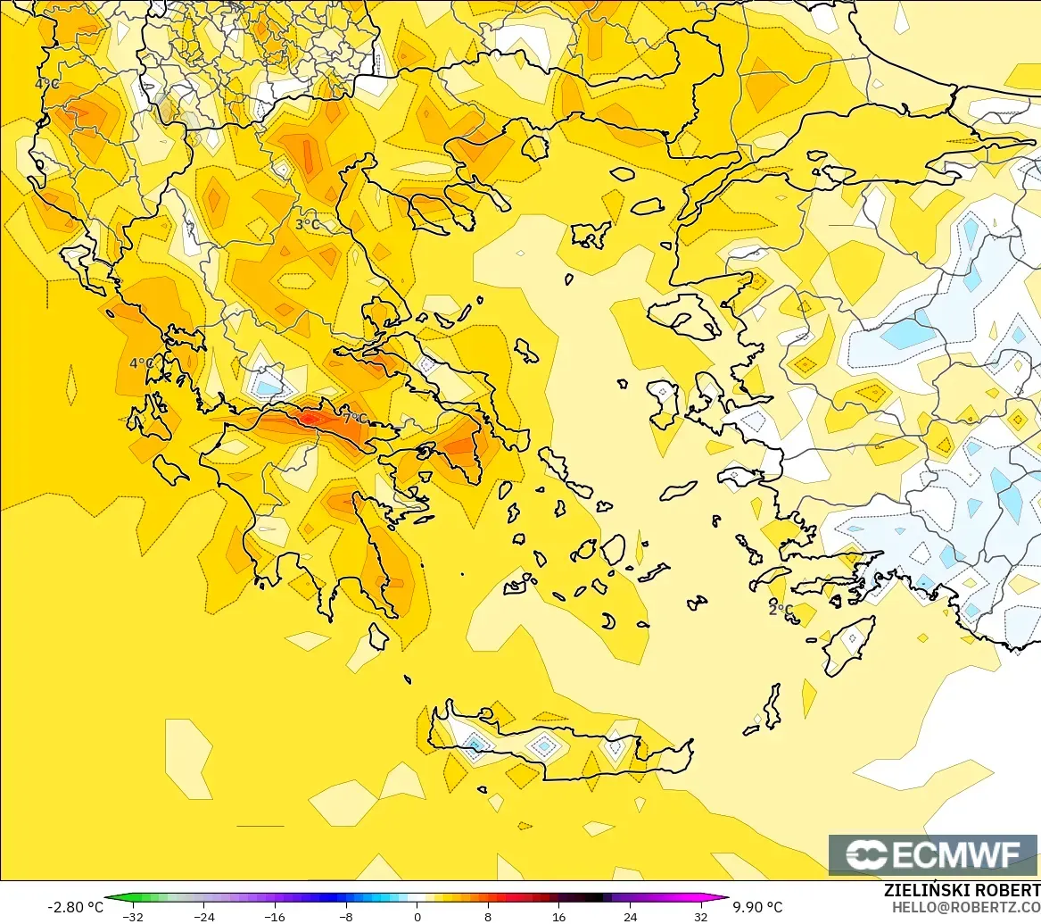 ECMWF IFS 0.25° загвар - Грек, 2 м Температурын Хазайлт