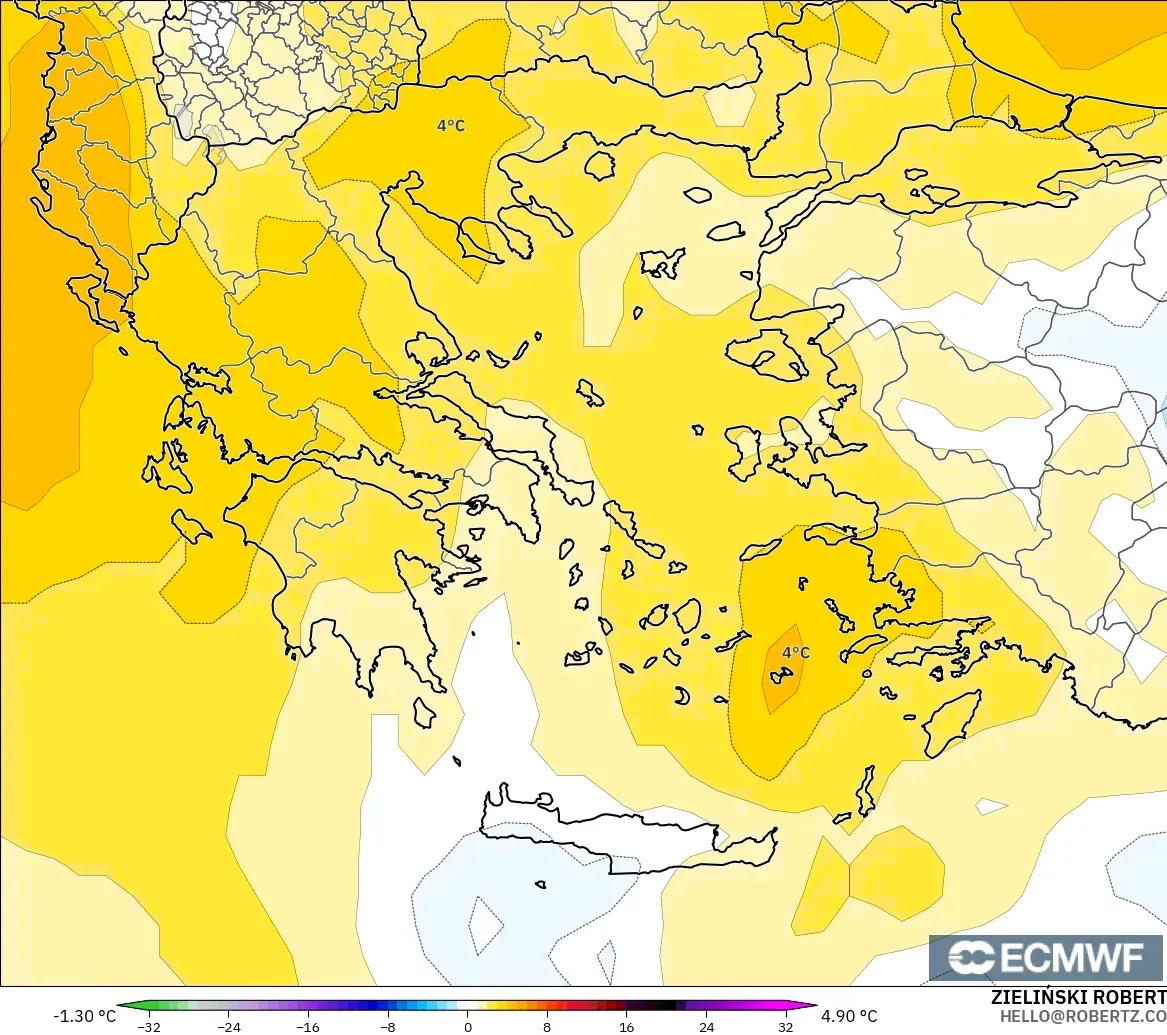 ECMWF IFS 0.25° загвар - Грек, 850 hPa Температурын Хазайлт